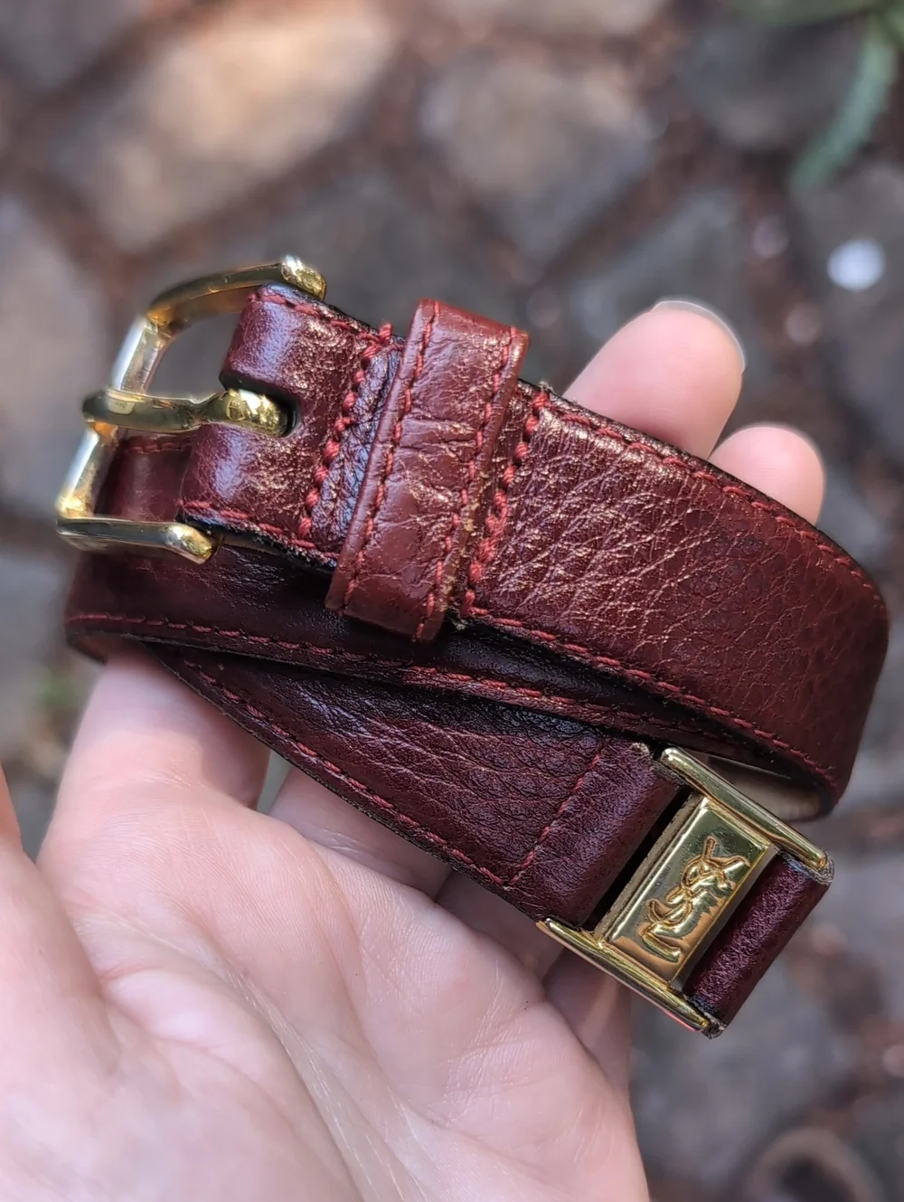 Double Logo Gold Yves Saint Laurent Brown Leather Belt with Gold Accent